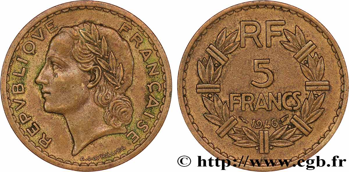 5 francs Lavrillier, bronze-aluminium 1946 Castelsarrasin F.337/8 MBC40