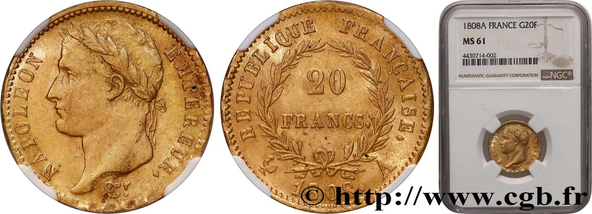 20 francs or Napoléon tête laurée, République française 1808 Paris F.515/2 MS61 NGC