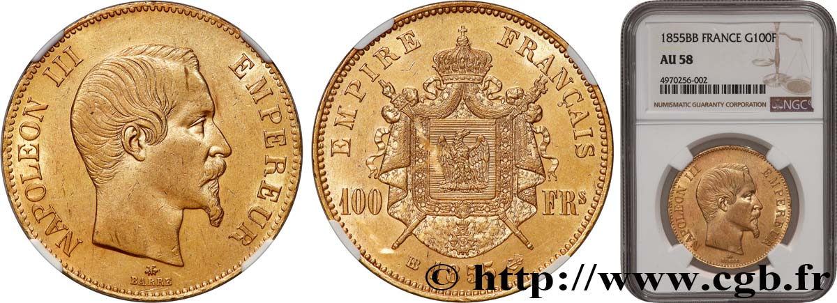 100 francs or Napoléon III, tête nue 1855 Strasbourg F.550/2 EBC58 NGC