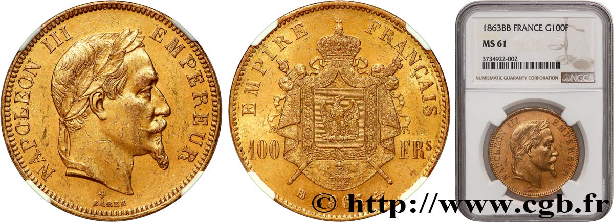 100 francs or Napoléon III, tête laurée 1863 Strasbourg F.551/3 MS61 NGC