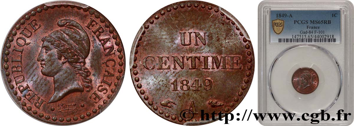 Un centime Dupré, IIe République 1849 Paris F.101/2 MS65 PCGS
