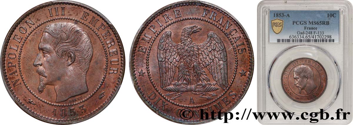 Dix centimes Napoléon III, tête nue 1853 Paris F.133/2 ST65 PCGS
