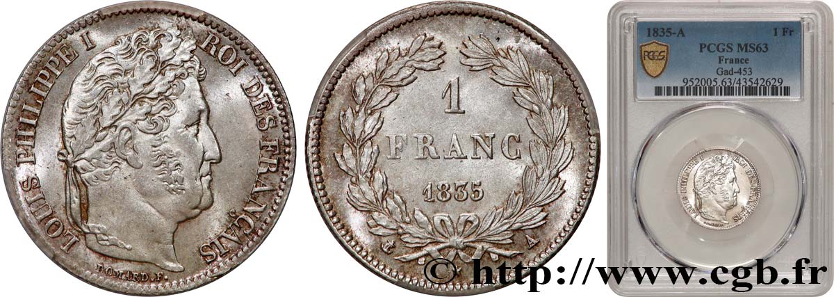 1 franc Louis-Philippe, couronne de chêne 1835 Paris F.210/40 MS63 PCGS