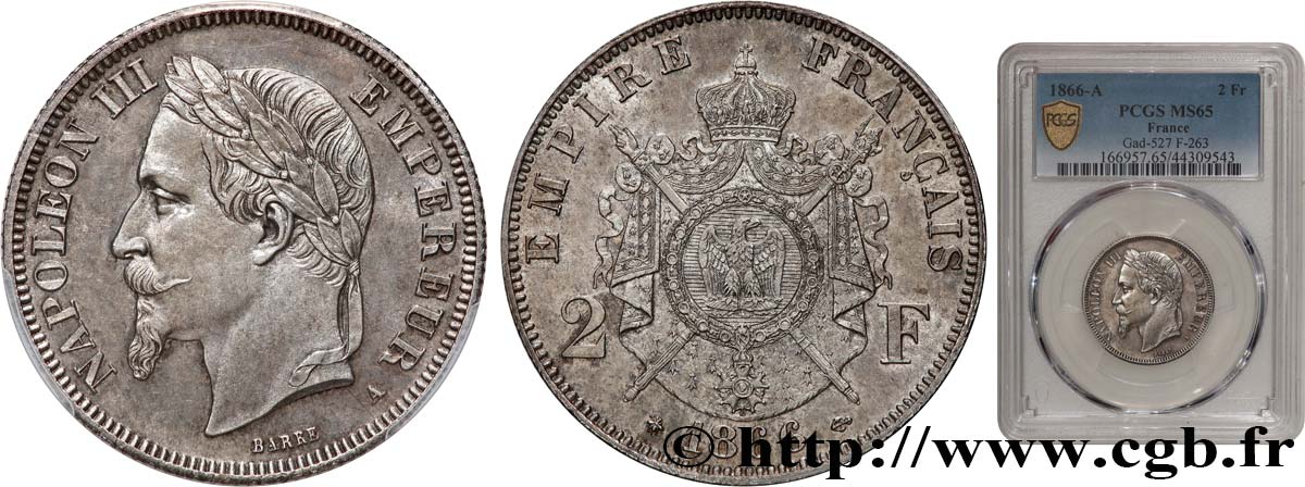 2 francs Napoléon III, tête laurée 1866 Paris F.263/2 ST65 PCGS