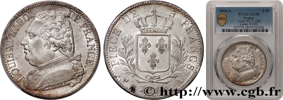 5 francs Louis XVIII, buste habillé 1814 Paris F.308/1 AU58 PCGS