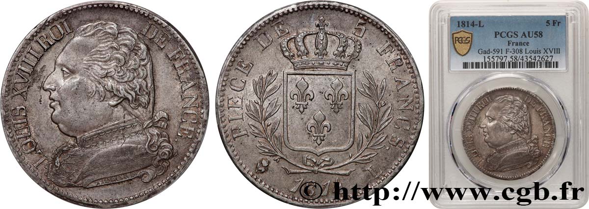 5 francs Louis XVIII, buste habillé 1814 Bayonne F.308/8 SPL58 PCGS
