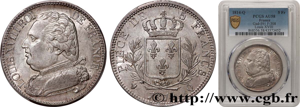 5 francs Louis XVIII, buste habillé 1814 Perpignan F.308/11 SPL58 PCGS