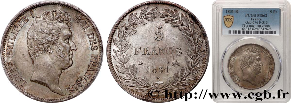 5 francs type Tiolier avec le I, tranche en creux 1831 Rouen F.315/15 SPL62 PCGS