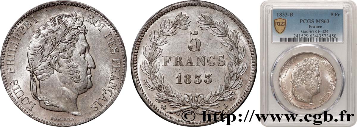 5 francs IIe type Domard 1833 Rouen F.324/15 MS63 PCGS