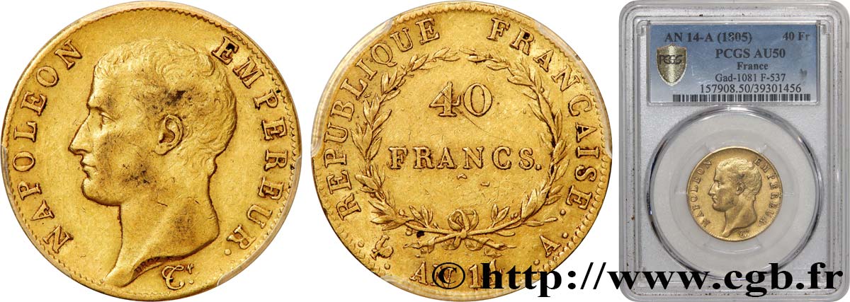 40 francs or Napoléon tête nue, Calendrier révolutionnaire 1805 Paris F.537/2 MBC50 PCGS