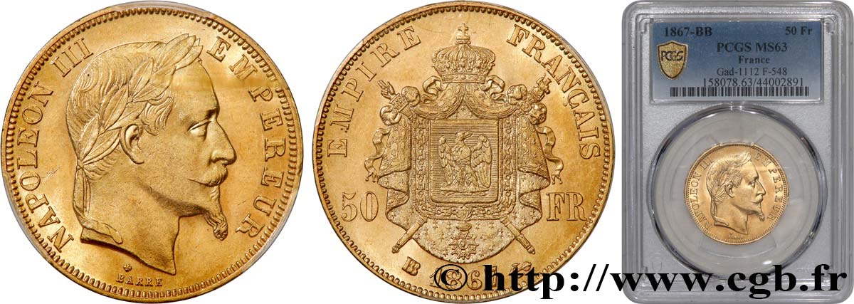 50 francs or Napoléon III, tête laurée 1867 Strasbourg F.548/9 SPL63 PCGS