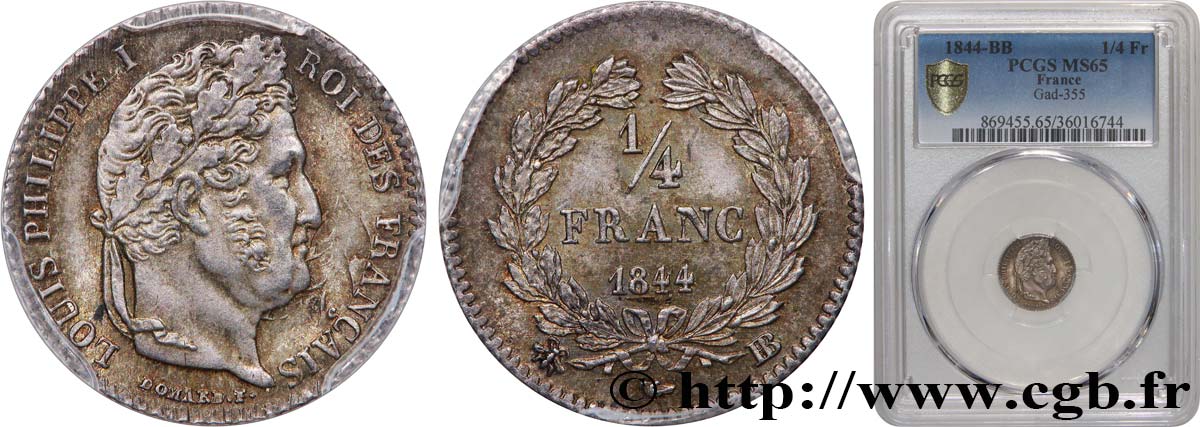 1/4 franc Louis-Philippe 1844 Strasbourg F.166/99 ST65 PCGS