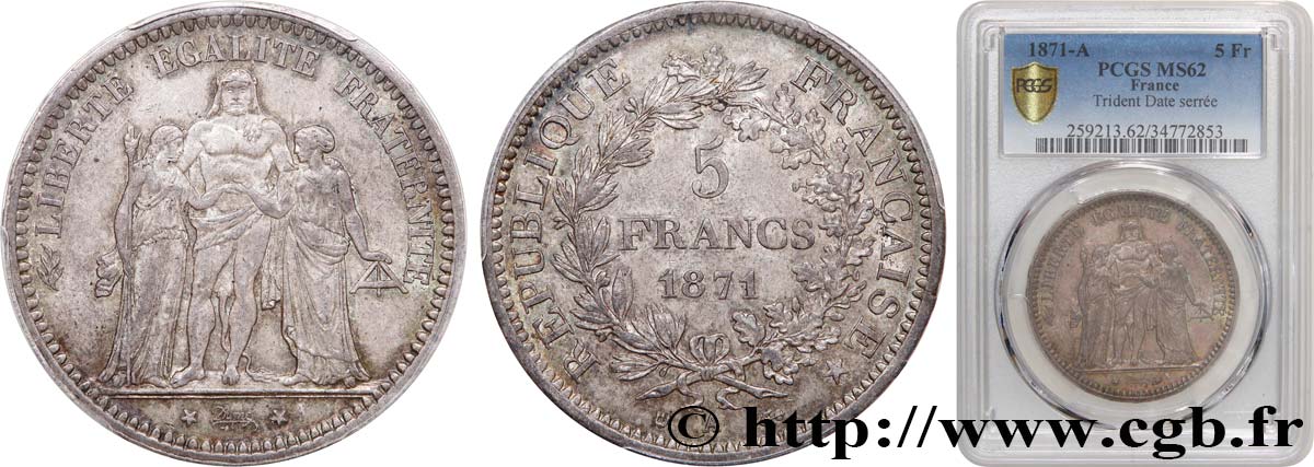 5 francs Hercule, dite “Camélinat” 1871 Paris F.334/3 MS62 PCGS