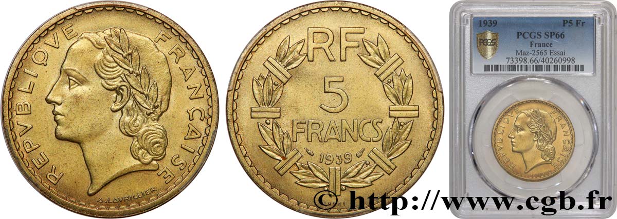 Essai de 5 francs Lavrillier, bronze-aluminium 1939 Paris F.337/2 ST66 PCGS