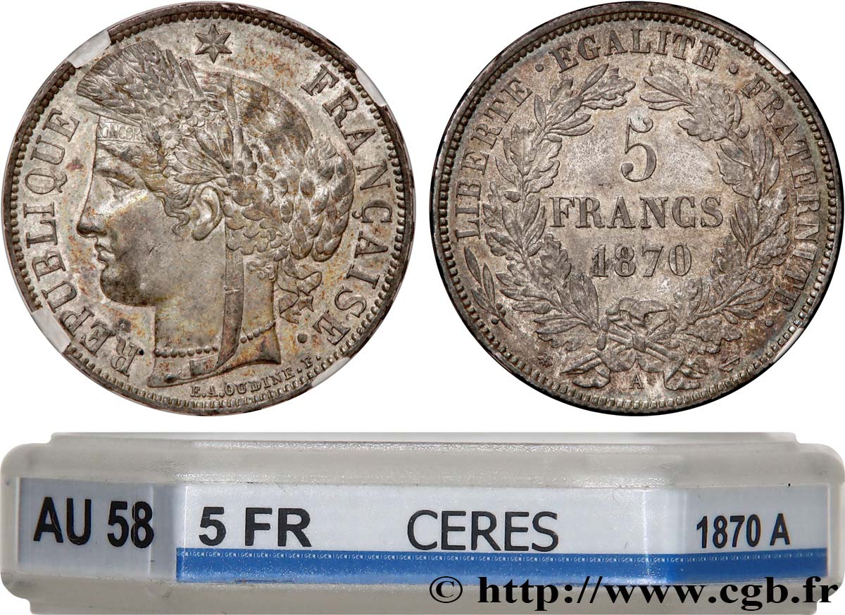 5 francs Cérès, avec légende 1870 Paris F.333/1 AU58 GENI