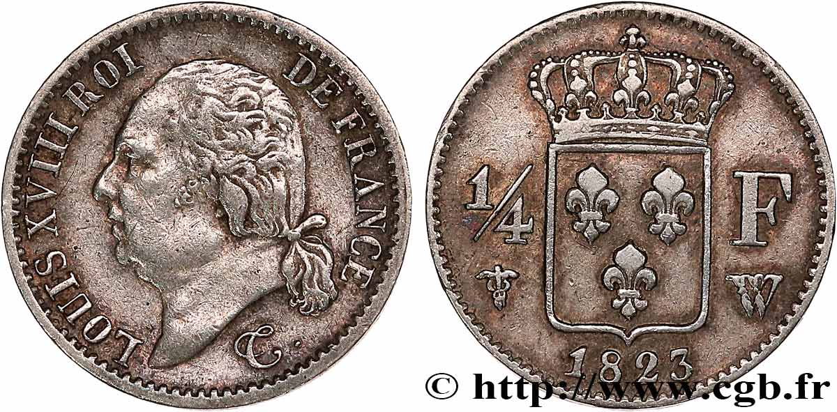 1/4 franc Louis XVIII 1823 Lille F.163/30 XF 