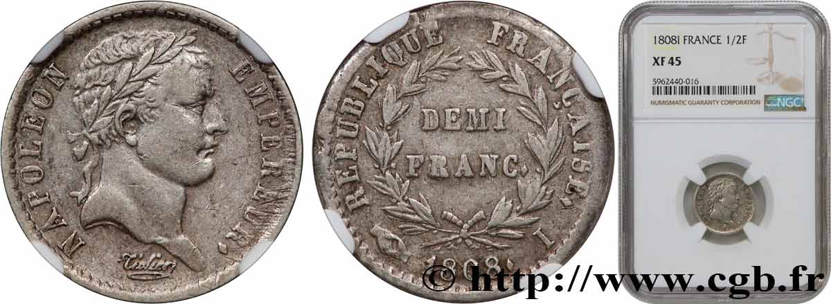 Demi-franc Napoléon Ier tête laurée, République française 1808 Limoges F.177/8 BB45 NGC