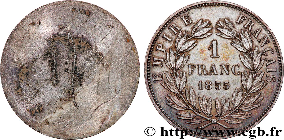 Épreuve Uniface revers de 1 franc Napoléon III, tête nue 1855 Paris F.214/4 var. AU 