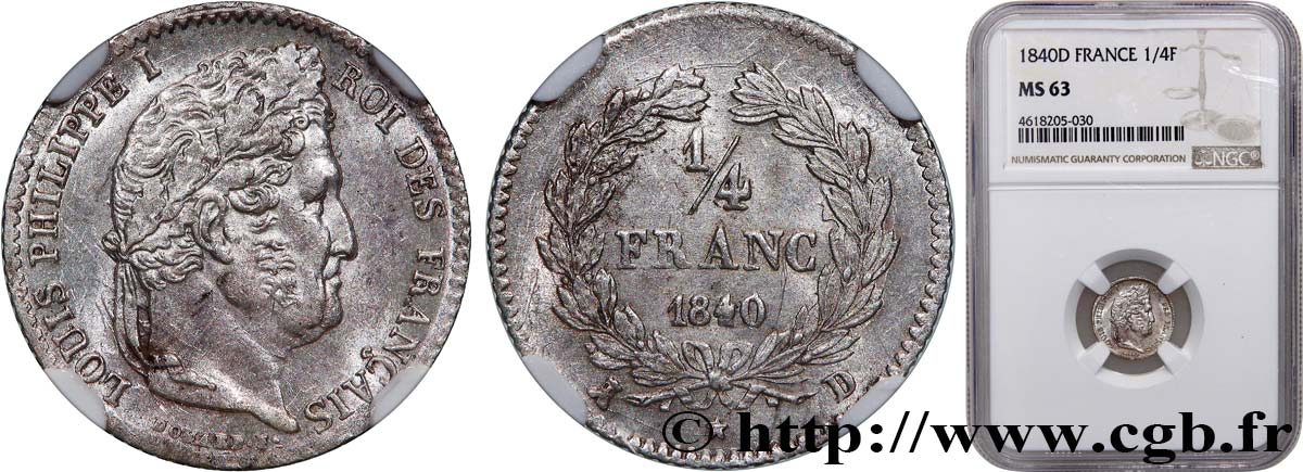1/4 franc Louis-Philippe 1840 Lyon F.166/82 MS63 NGC