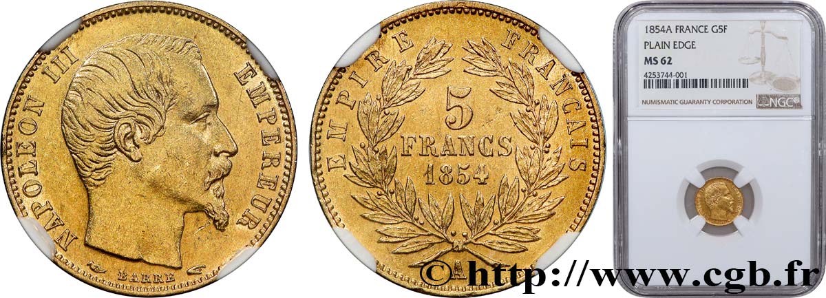 5 francs or Napoléon III, tête nue, petit module, tranche lisse 1854 Paris F.500/1 SPL62 NGC