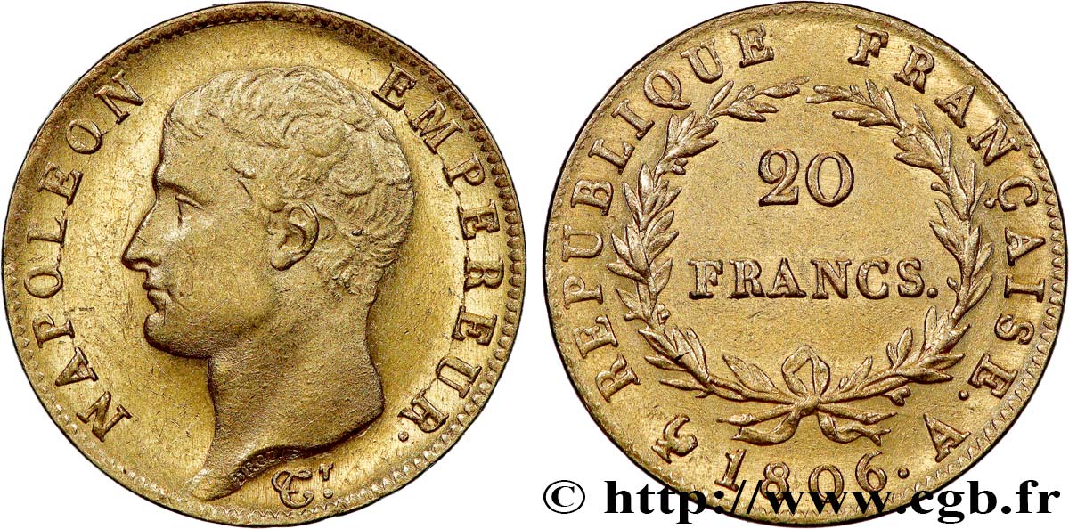 20 francs or Napoléon tête nue, Calendrier grégorien 1806 Paris F.513/1 SPL+ 