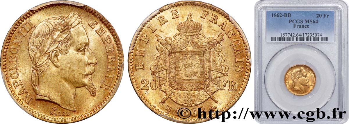 20 francs or Napoléon III, tête laurée 1862 Strasbourg F.532/5 MS64 PCGS