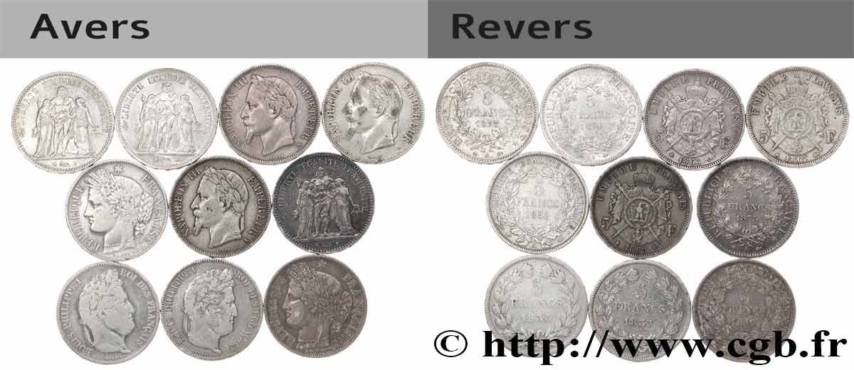 Lot de dix écus de 5 francs n.d. F.-/ MB