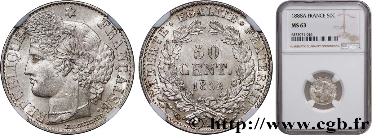 50 centimes Cérès, Troisième République 1888 Paris F.189/13 SPL63 NGC