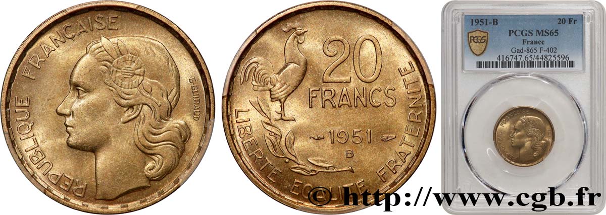20 francs G. Guiraud 1951 Beaumont-Le-Roger F.402/8 MS65 PCGS