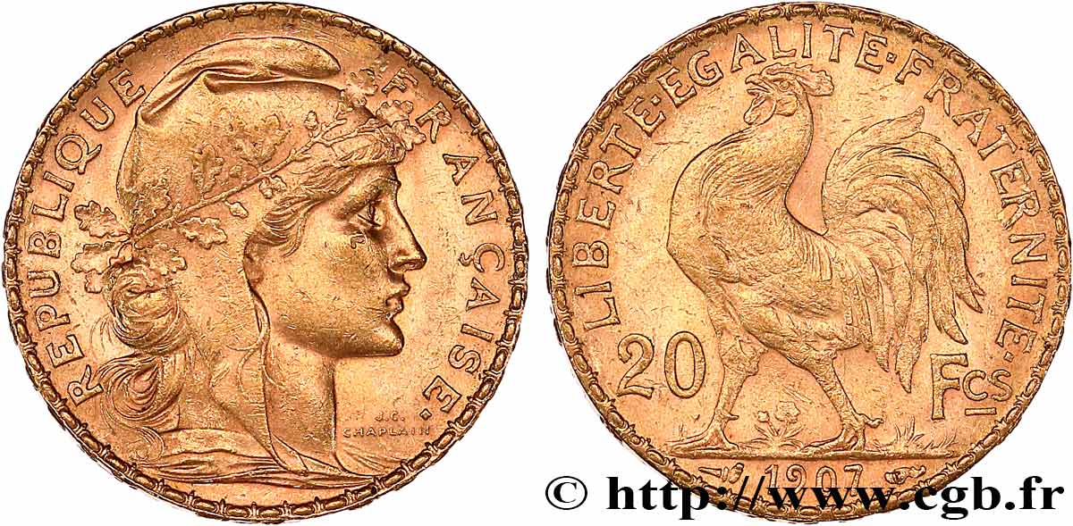 20 francs or Coq, Liberté Égalité Fraternité 1907 Paris F.535/1 EBC