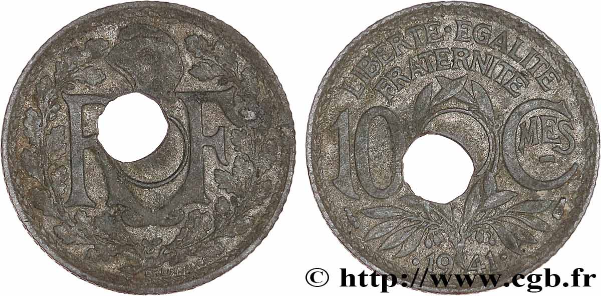 10 centimes Lindauer en zinc, Cmes souligné et millésime avec points, trou décentré 1941 F.140/2 var. TB+