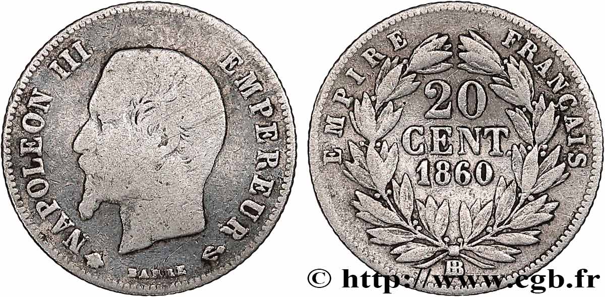 20 centimes Napoléon III, tête nue 1860 Strasbourg F.148/16 RC+