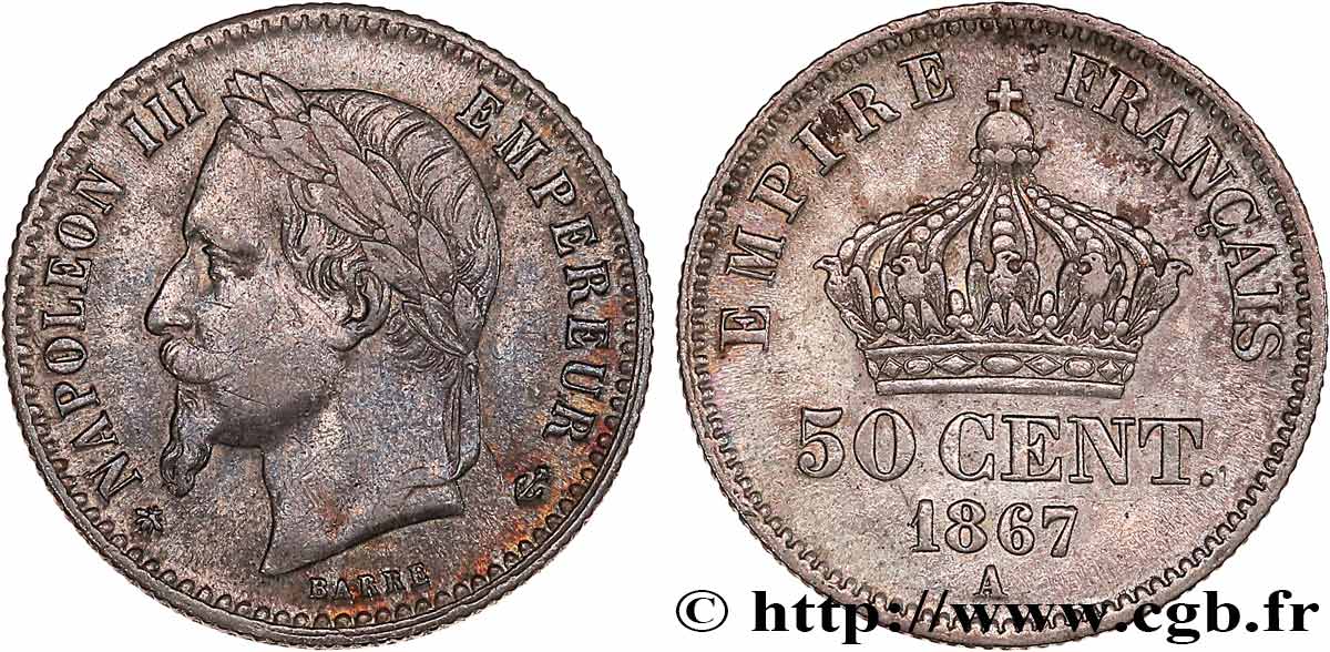 50 centimes Napoléon III, tête laurée 1867 Paris F.188/13 MBC