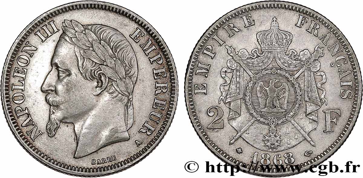 2 francs Napoléon III, tête laurée 1868 Paris F.263/8 MBC45