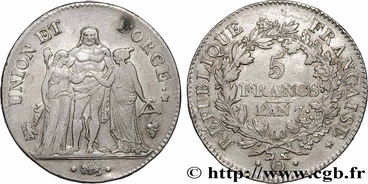 5 francs Union et Force, Union serré, seulement gland extérieur, petite feuille 1799 Perpignan F.288/119 q.BB 