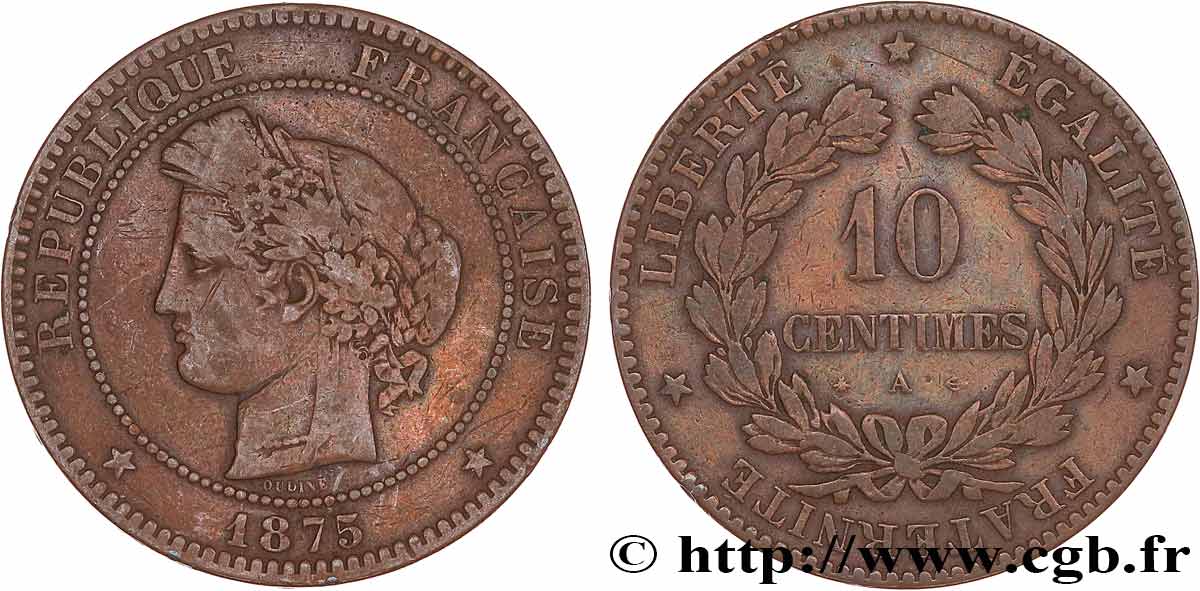 10 centimes Cérès 1875 Paris F.135/14 TB15