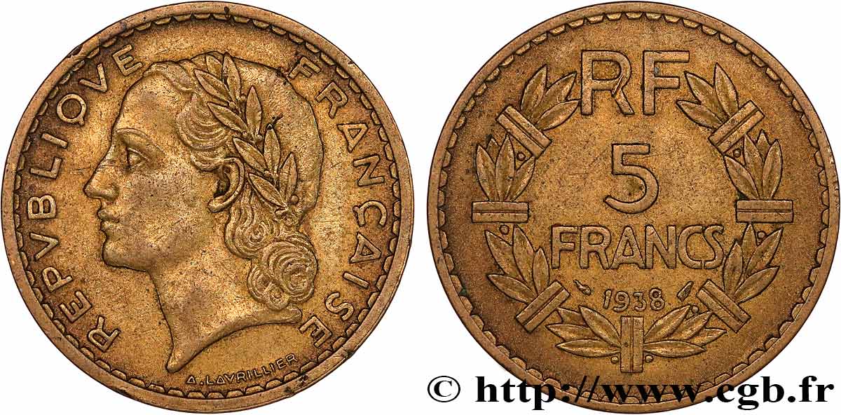 5 francs Lavrillier en bronze-aluminium 1938 F.337/1 MBC