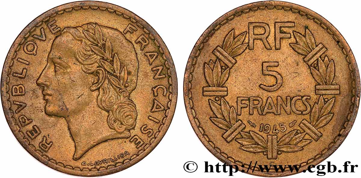 5 francs Lavrillier, bronze-aluminium 1945 Castelsarrasin F.337/6 AU50