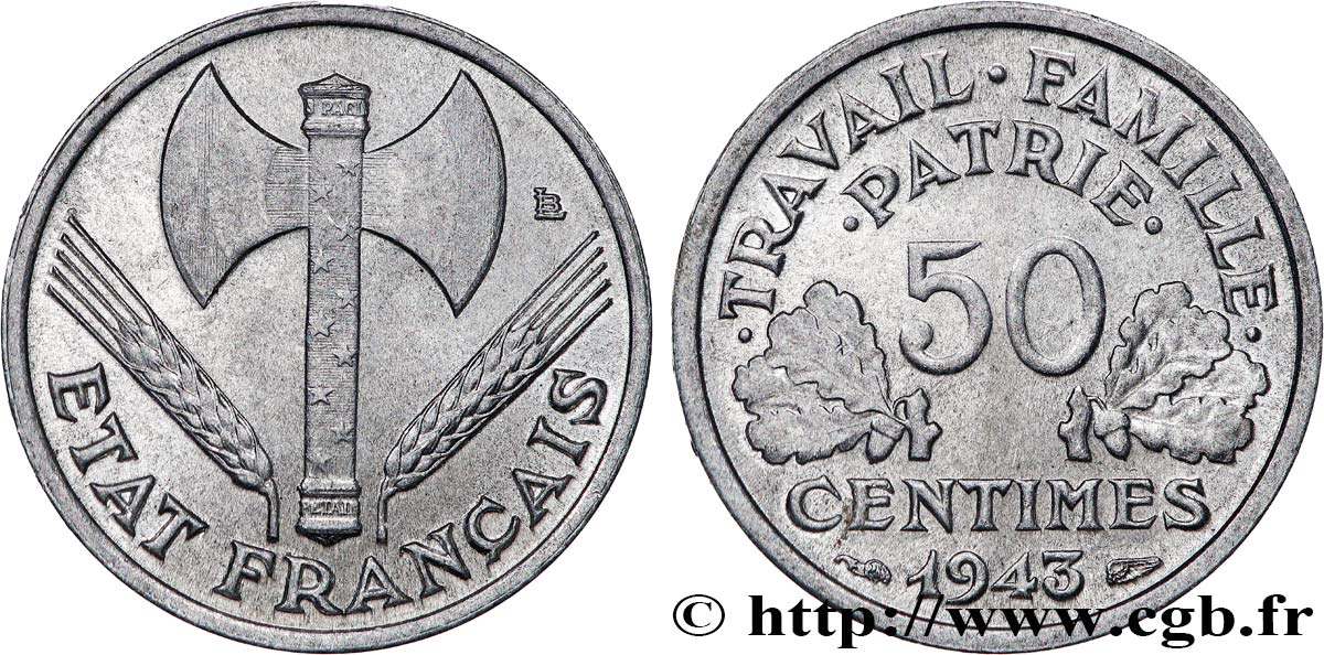 50 centimes Francisque, légère 1943 F.196/2 SUP58