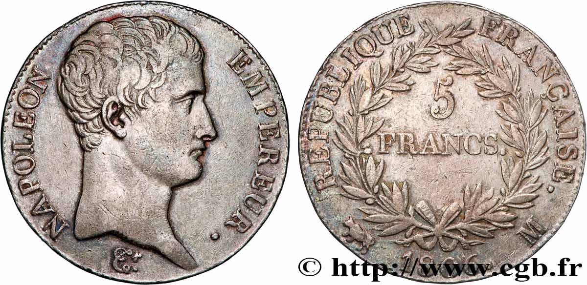 5 francs Napoléon Empereur, Calendrier grégorien 1806 Toulouse F.304/8 XF45 