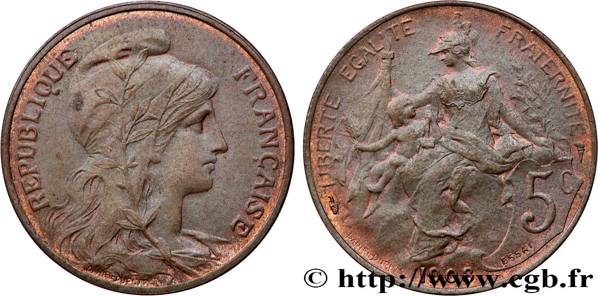 Essai en Bronze de 5 centimes Daniel-Dupuis 1908  GEM.14 19 MS63 
