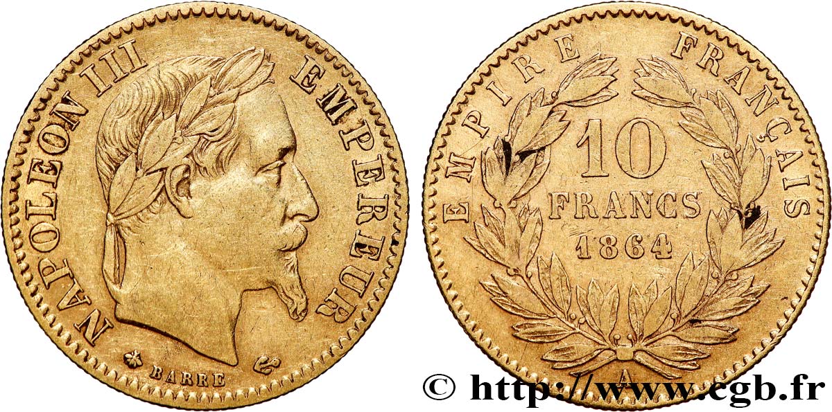 10 francs or Napoléon III, tête laurée, type définitif à grand 10 1864 Paris F.507A/6 TB+