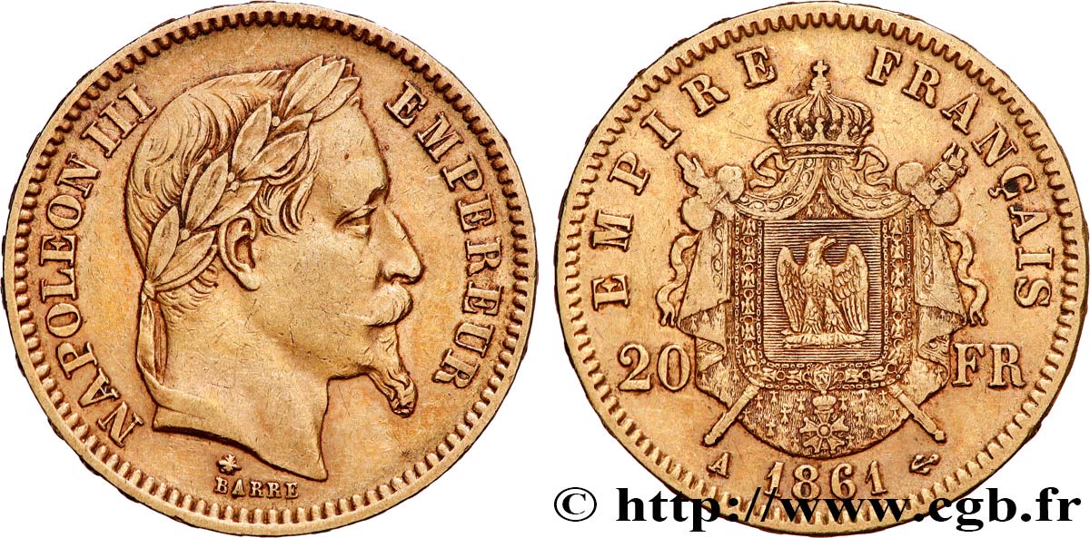 20 francs or Napoléon III, tête laurée 1861 Paris F.532/1 TTB