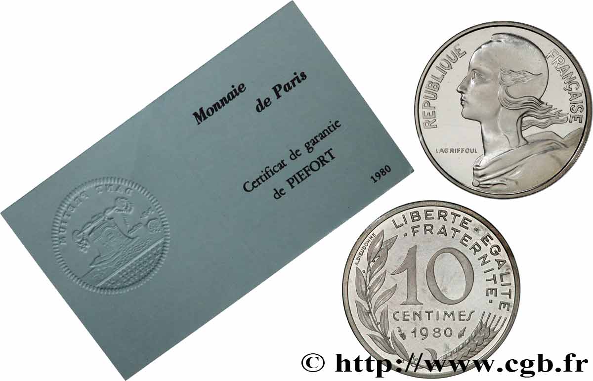Piéfort Argent de 10 centimes Marianne, Certificat n°Ag0001 1980 Pessac GEM.46 P2 MS 