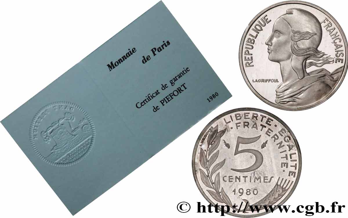 Piéfort argent de 5 centimes Marianne, Certificat n°Ag0001 1980 Paris GEM.22 P2 ST 