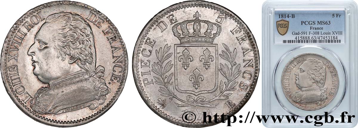5 francs Louis XVIII, buste habillé 1814 Rouen F.308/2 SPL63 PCGS