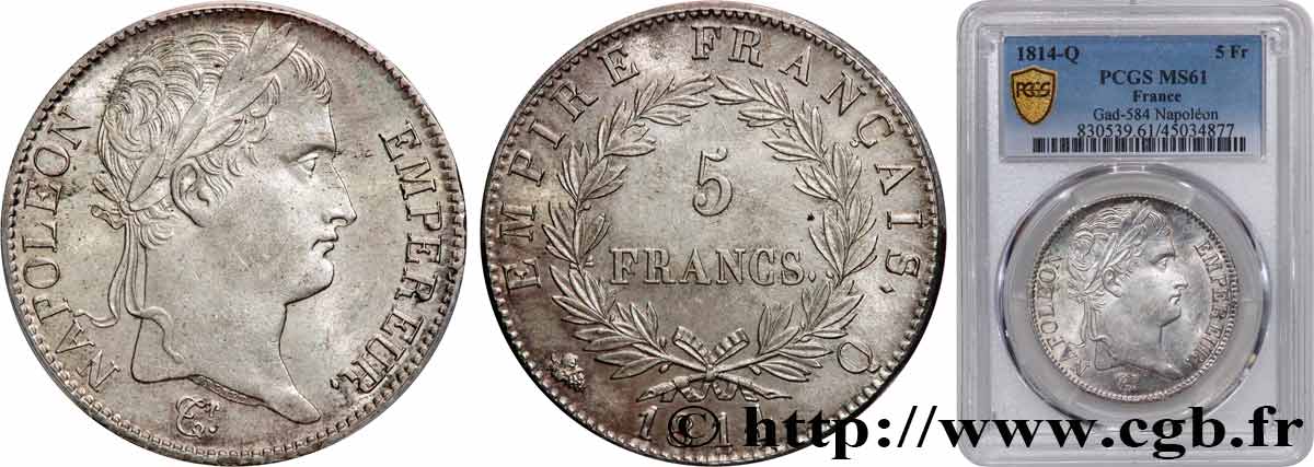 5 francs Napoléon Empereur, Empire français 1814 Perpignan F.307/84 EBC61 PCGS