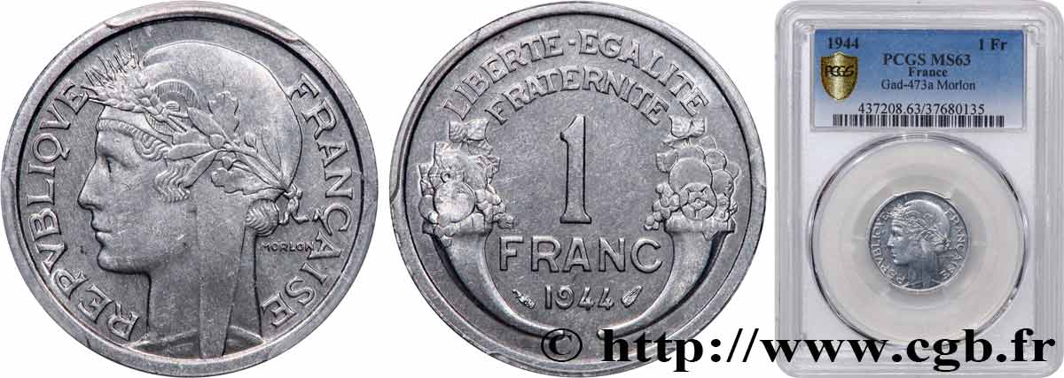 1 franc Morlon, légère 1944 Paris F.221/3 SPL63 PCGS