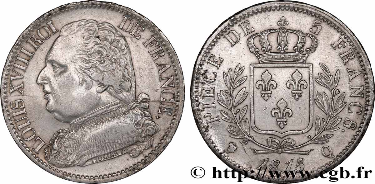 5 francs Louis XVIII, buste habillé 1815 Perpignan F.308/29 TTB+ 