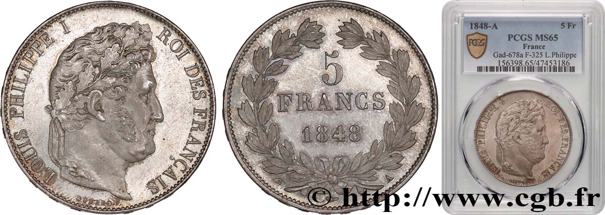 5 francs IIIe type Domard 1848 Paris F.325/17 MS65 PCGS